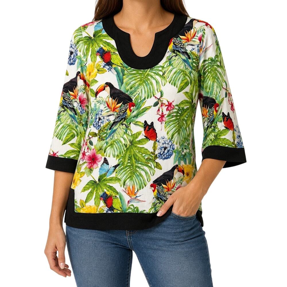 Soft Surroundings Sz Medium Tropical Green Beach Hawaii Blouse Shirt Top Tucan